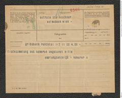 Nachlass Franz Steindachner, Telegramm von Haberer an Franz Steindachner (22.08.1912), Inv.Nr. 193.15, Seite 1
